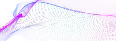 Beyaz bir zemin üzerinde renkli parçacıklar dalgası. Dalgaların dinamik elementleriyle soyut bir arkaplan. 3d