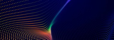 Parçacık akışı. Parlayan parçacıkların olduğu mor bir arkaplan. Bilgi teknolojisi geçmişi. 3d oluşturma.