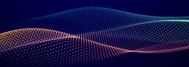 Wave of streaming particles on a light blue background. Abstract background with dynamic elements of waves and dots. 3d rendering.
