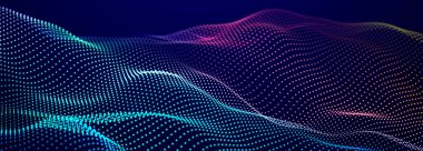 Parçacık akışı. Parlayan parçacıkların olduğu mor bir arkaplan. Bilgi teknolojisi geçmişi. 3d oluşturma.