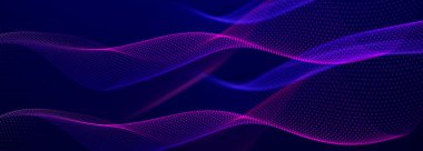 Parçacık akışı. Parlayan parçacıkların olduğu mor bir arkaplan. Bilgi teknolojisi geçmişi. 3d oluşturma.