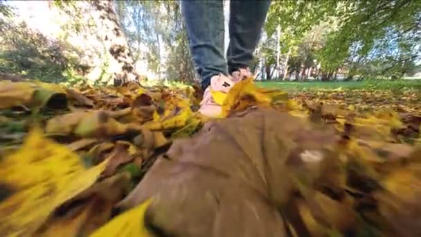 Κοριτσίστικα Πόδια Ροζέ Μπότες Πόδια Φθινοπωρινά Κίτρινα Πεσμένα Φύλλα Κίνηση — Αρχείο Βίντεο