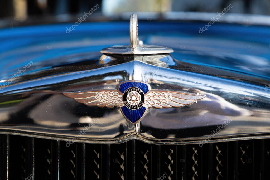 Cartagena, Spain - April 3, 2024 : Classic vintage car hood with dodge brothers emblem. High quality photo
