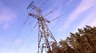 Yüksek voltajlı elektrik hatları gün batımında canlı gökyüzünün altında ormanın üzerinde yükseliyor. Yüksek kaliteli FullHD görüntüler