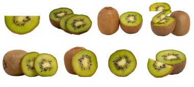 Collection of whole and cut and levity kiwi isolated on white background with clipping path without shadow. High quality photo clipart