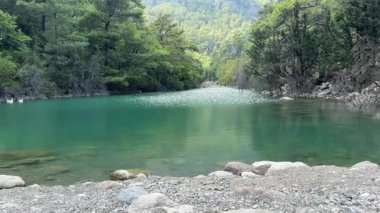 Dağlarda göl, dağ nehri, su akıntısı. Yüksek kalite 4k görüntü