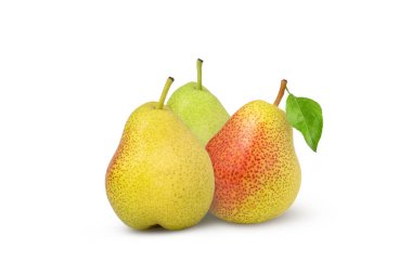 Taze armut ve yaprak yalıtılmış. Beyaz arka planda gölgeli yeşil, sarı ve kırmızı armutlar. Yüksek kalite fotoğraf