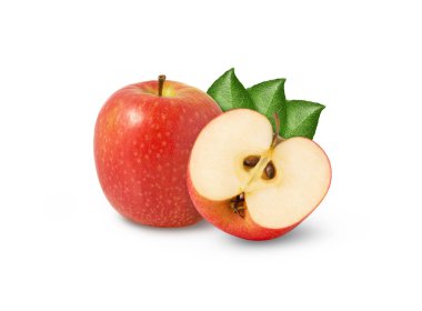 Canlı kırmızı elma, ortadan ikiye bölünmüş ve izole bir şekilde bırakılmış. Yapraklı pembe kadın elmaları. Yüksek kalite fotoğraf