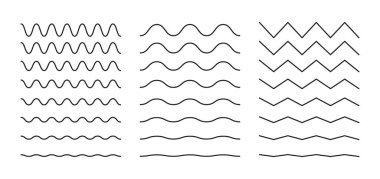 Vektör dalgalı ve zigzag yatay altı çizili. Dalgalar hazır. Dalgalı çizgiler. Dalga süsleme deseni. Arkaplanda ince bir çizgi var. - Evet. Vektör illüstrasyonu