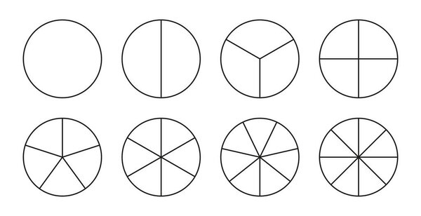 Сегментированные графики изолированы на белом фоне. Контур тонкой черной графики. Сборник круговых диаграмм. Множество секторов делят круг на равные части. Векторная иллюстрация