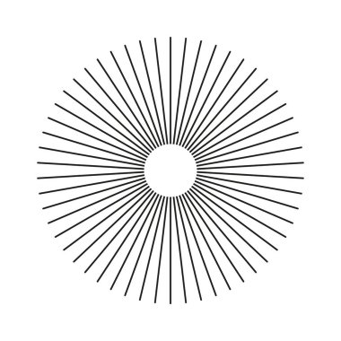 Dairesel çizgilerin şablonu. Radyal çember çizgileri. Güneş ışığı sembolü. Radyasyon yayan çizgili konuşmalar, beyaz üzerine izole edilmiş düz bir element. Soyut geometrik şekil, illüzyon. Vektör illüstrasyonu
