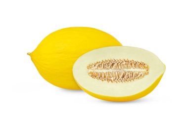 Sarı olgun kavun ve yalıtılmış tohumlarla ikiye bölünmüş. Yüksek kalite fotoğraf