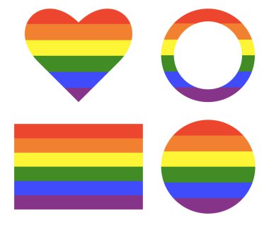 LGBT dairesi, kare, kalp ve çerçeve simgeleri. Gökkuşağı bayrağı çerçeveleri. Eşcinsel gururu renginde bir geçmiş. İşlem Logosu rozetleri. Gökkuşağı renklerinde çıkartmalar. Kalpler, daireler, dikdörtgenler düğmelere basar. Yüksek kalite fotoğraf