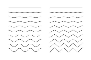 Dalgalar hazır. Dalgalı çizgiler. Vektör zigzag ve dalgalı yatay altçizgi. Dalga süslemeleri deseni. Arkaplanda ince bir çizgi var. - Evet. Vektör illüstrasyonu