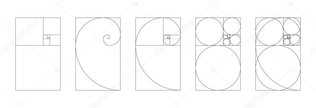 Vertical Fibonacci numbers array set of 5 elements. Template of golden ratio harmony proportions. . Vector illustration stock vector