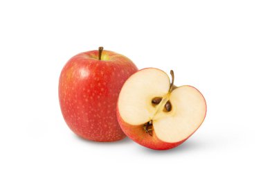 Sulu kırmızı elma ve yarım izole edilmiş. Pembe kadın elmaları izole edilmiş. Yüksek kalite fotoğraf