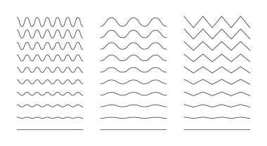 Vektör zigzag ve dalgalı yatay altçizgi. Bir dizi dalga çizgisi. Dalgalı çizgiler ayarlandı. Arkaplanda ince bir çizgi var. Dalga süsleme deseni. Vektör illüstrasyonu