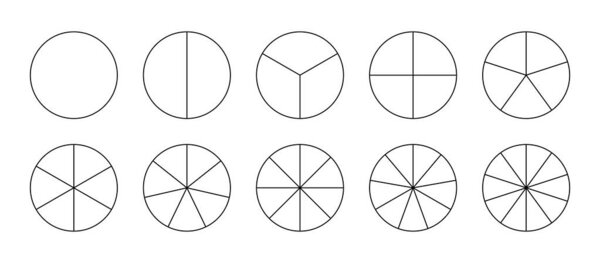Шаблон круговой диаграммы. Коучинг холостой. Сегментированные графики. Секторы делят круг на равные части. Части колеса диаграммы от 1 до 10. Контур черной графики. Карты пирогов, диаграммы пиццы. Инфографика сегментов. Векторная иллюстрация