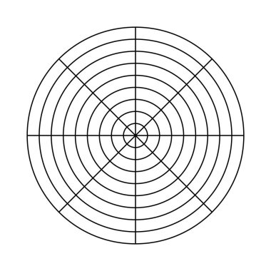 8 segmentten oluşan kutup ızgarası ve 8 eşmerkezli daire. Boş kutup grafik kağıdı. Yaşam tarzı dengesinin çember siyah diyagramı. Yaşam şablonu. Hayatın tüm alanlarını görselleştirmek için bir eğitim aracı. Vektör illüstrasyonu
