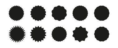 Siyah çember etiketi hazır. Yıldız patlaması etiketleri fiyatına, dükkan. Dalgalı kenarlı siyah rozetler. Düz vintage etiketler. Boş çıkartma koleksiyonu, basit siluet. Grafik çizimi. Vektör illüstrasyonu