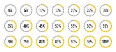 Sarı ve gri renkli turta grafikleri göstergesi. Yuvarlak grafik yükleme işlemi tamamlandı. Sarı ilerleme çubukları. Daire şemaları bilgi grafikleri için yüzde 100 'den 0' a simgeler oluşturur. Yuvarlak yüzde
