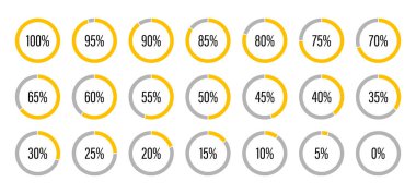 İlerleme çubukları. Sarı ve gri renkli turta grafikleri göstergesi. Daire şemaları bilgi grafikleri için 0 'dan 100' e kadar simgeler oluşturur. Yuvarlak grafik yükleme işlemi tamamlandı. Yuvarlak yüzde