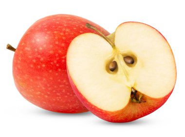 Taze sulu kırmızı elma ve yarısı izole edilmiş. Pembe kadın elmaları izole edilmiş. Yüksek kalite fotoğraf