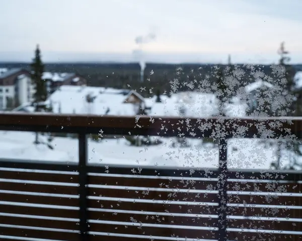 Kış penceresinde donmuş kar taneleri. Dışarıda karlı ve bulanık bir manzarayla cam üzerindeki narin kar taneleri soğuk bir kış gününün özünü yakalıyor..