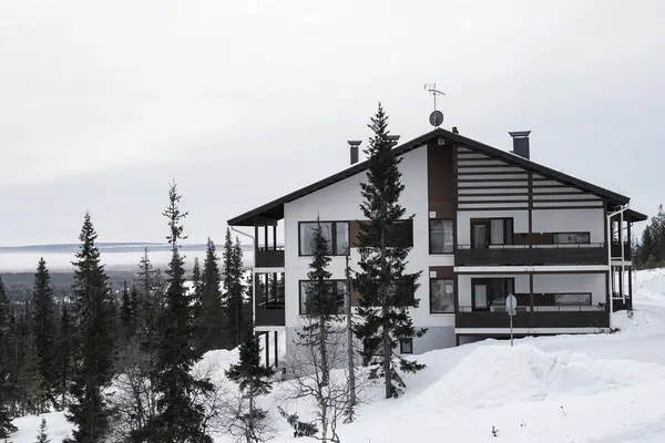 Kış Harikalar Diyarında Modern Chalet. Karlı tepeler ve yüksek çam ağaçlarının arasına kurulmuş rahat, modern bir dağ evi. Kış manzarasının nefes kesici manzarasıyla huzurlu bir geri çekilme sunuyor..