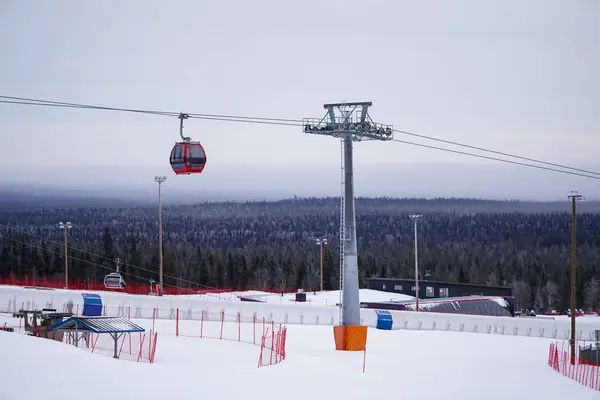 Kışın kayak merkezine inen kırmızı gondol karla kaplı bir arazinin üzerinde yokuş aşağı tek bir kırmızı teleferik hareket ediyor..