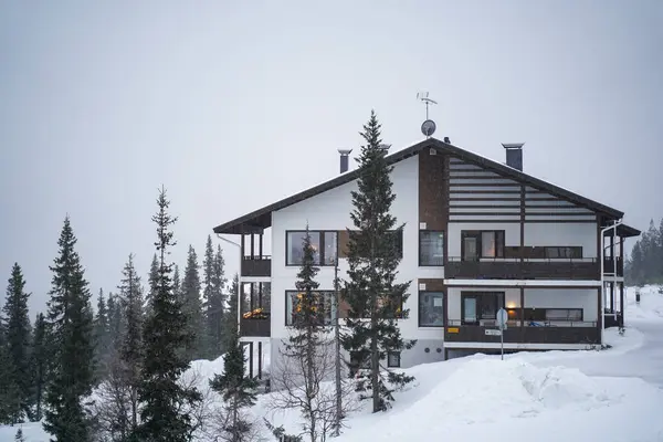 Karlı çam ağaçlarıyla çevrili modern dağ evi büyük pencereleri ve ahşap detayları olan yüksek çam ağaçlarıyla kaplı karlı bir araziye yerleştirilmiş şık bir dağ evi. Kış tatili için ideal..