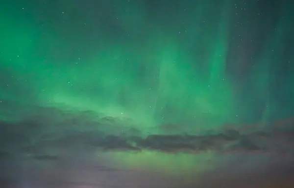 Gece gökyüzünde dans eden yeşil aurora ışıkları. Göz kamaştırıcı kuzey ışıkları karanlık gökyüzünü aydınlatır, parlak yeşil renkler ve ufkun üzerinde parıldayan kozmik dalgalar oluşturur..