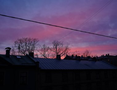 Renkli kış şafağı gökyüzünü canlı pembe ve mor, siluetli çatılar ve çıplak ağaçlarla boyuyor. Huzurlu şehir sabah atmosferi sakin, soğuk güzellik.