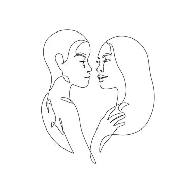 Abstract lesbian couple line art drawing. LGBT lesbian homosexual family. Women kissing, hugging, mixed race partners. Continuous line vector illustration for love moments happiness concept, pride day