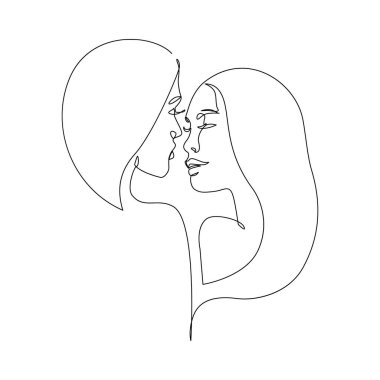 Abstract lesbian couple line art drawing. LGBT lesbian homosexual family. Women kissing, hugging isolated on white background Continuous line vector illustration for love happiness concept, pride day