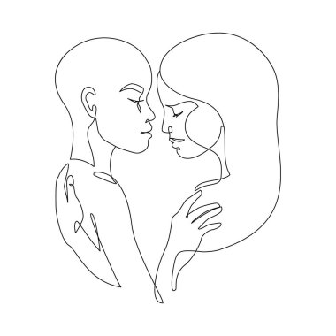 Abstract lesbian couple line art drawing. LGBT lesbian homosexual family. Women kissing, hugging, mixed race partners. Continuous line vector illustration for love moments happiness concept, pride day