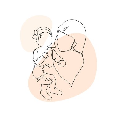 Bebek kucağında en az bir sanat eseri olan bir kadın. Anne çocuk çizimi. Geometrik şekilli genç anne kızı. Mutlu Anneler Günü kartı için vektör illüstrasyonu, sevgi dolu aile, ebeveynlik kavramı
