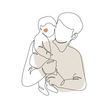 Father little kid line drawing. Abstract family continuous line art. Young dad hugging son on geo shape background Hand drawn illustration for Father's Day, loving family, parenthood childhood concept