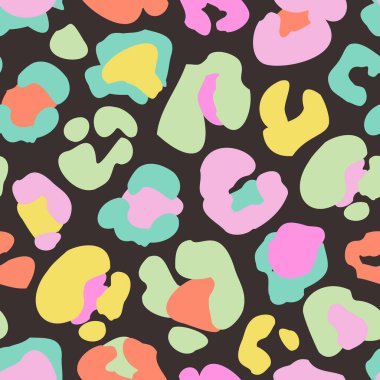 Animal skin print in rainbow colors, 90s style. Colorful leopard spot seamless pattern design. Abstract blob, rosettes texture. Bold summer vector illustration for surface wrapping, fun fabric design