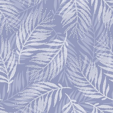 Tropical palm leaves seamless pattern in blue colors. Abstract dotted leaf luxury silhouette background. Halftone palm leaves. Tropics illustration for wallpaper, textile design. Botanical vector art