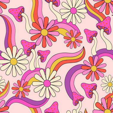 Psychedelic floral background in 70s 80s retro hippie style. Fun daisy chamomile flowers, mushrooms, rainbows seamless pattern. Vector art illustration for contemporary design, groovy floral fabric
