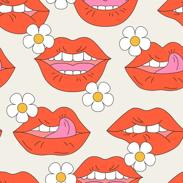 ポップアートの漫画の女性の唇の背景 サイケデリックなヒッピーレトロスタイル 花と抽象的な口 官能的な唇 肯定的な感情シームレスなパターン バレンタインデザインのベクトルイラスト — ストックベクタ