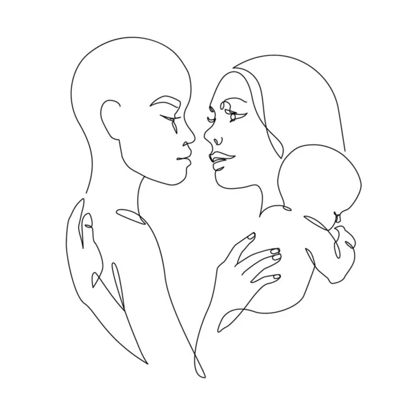 子供線画の抽象レズビアンカップル Lgbtレズビアン同性愛者の家族 女性抱擁 混合レースパートナー愛の瞬間のための連続ラインベクトルイラスト幸福の概念 — ストックベクタ