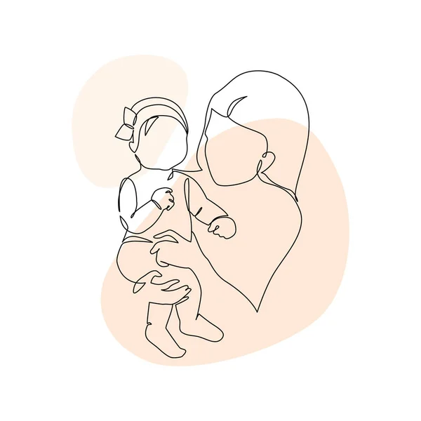 Kvinna Håller Spädbarn Minimal Linje Konst Moderns Teckningar Ung Mamma — Stock vektor