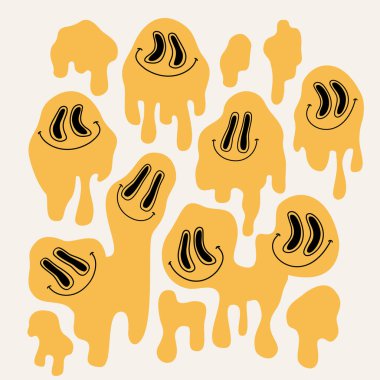 Pop sanatında çizgi roman damlayan gülen yüzler, graffiti tarzı. Gülümseyen karakter boyası damlatır. Eriyen organik şekiller iz bırakıyor. Çarpık yüzler, havalı titreşimler. Hippi vektör çizimi tasarımı