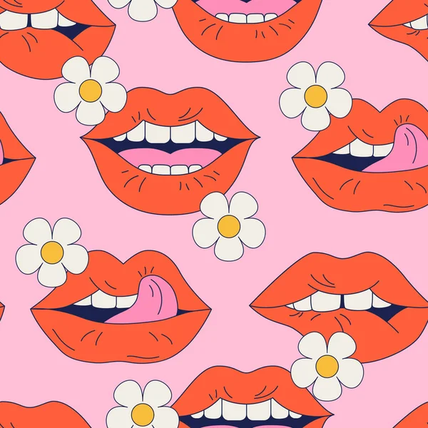 ポップアートの漫画の女性の唇の背景 サイケデリックなヒッピーレトロスタイル 花と抽象的な口 官能的な唇 肯定的な感情シームレスなパターン バレンタインデザインのベクトルイラスト — ストックベクタ