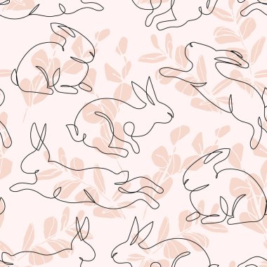 Çiçek arkaplanındaki soyut tavşan çizgisi. Çin Yeni Yıl Zodyak 'ının sembolü. Elle çizilmiş şirin tavşanlar. Parti için çizgi film vektör illüstrasyonu, kutlama davetiyesi, kart