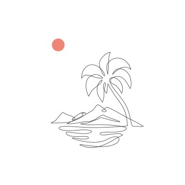 Hindistan cevizi palmiyeli vaha hattı, gün batımı ya da gün doğumu. Dağları, denizi, palmiyesi olan soyut tropikal bir manzara. Asgari poster, şablon için vektör gün batımı duvar kağıdı