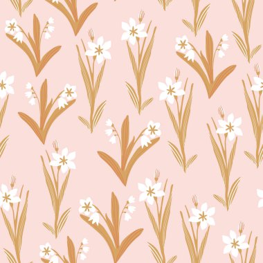 Soyut çiçek desenli dikişsiz grafik deseni. Çayır çiçekleri altın renkli arka plan siluetleri. Küçük kır çiçekleri tekrar eder. Duvar kağıdı, ambalaj, tekstil ve kumaş için vektör botanik çizimi