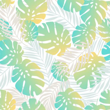 Egzotik yaprak arka planı. Kusursuz tropikal desen. Renkli canavar bitkisi, palmiye yaprağı siluetleri tekrar. Yaz tasarımı için vektör sanat çizimi, çiçek baskıları, duvar kağıdı, tekstil, kumaş